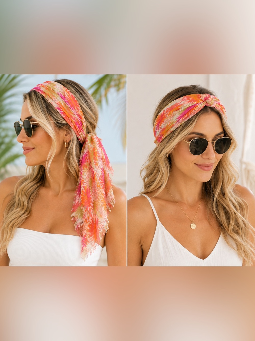 Tropical Floral Fringe‎ Head Scarf Wrap 31” x 26” Pink Orange Resort Style